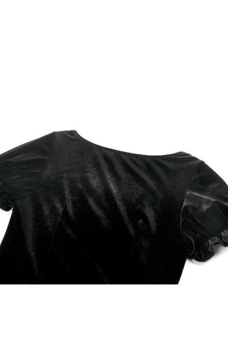 Black Square-Cut Collar Short Puff Sleeves Lace Patchwork Velvet Lace-Up Women's Gothic Vintage Dress - Product - 17