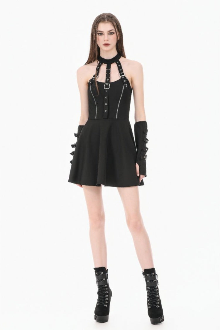 Black Buckled Zippered Women's Punk Halterneck Dress - Product - 13