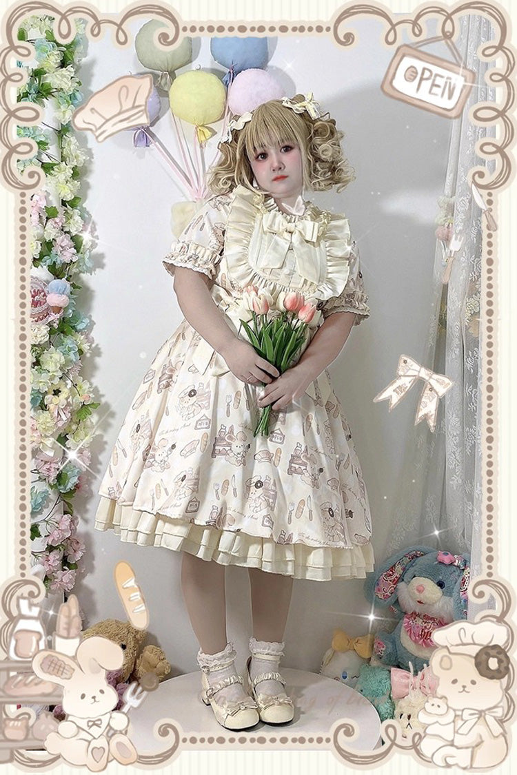 Ivory Short Puff Sleeves Print Ruffle Bowknot Plus Size Princess Lolita Dress - Product - 2