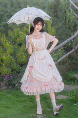 Pink Stand Collar Short Sleeves Ruffled Embroidered Lace Sweet Chinese Inspired Lolita Dress - Product - 4