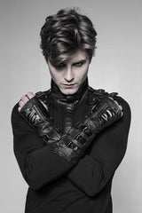 Black Faux Leather Metal Rivet Buckle Men's Steampunk Gloves - Product - 2