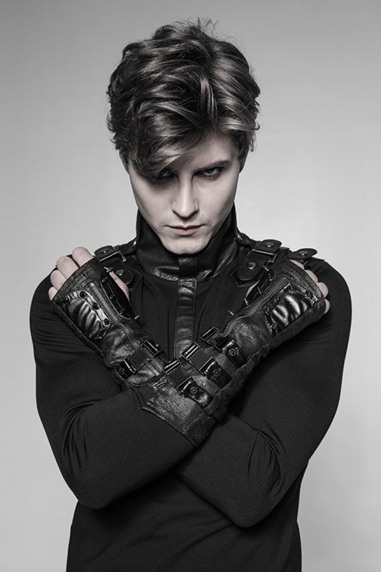Black Faux Leather Metal Rivet Buckle Men's Steampunk Gloves - Product - 2