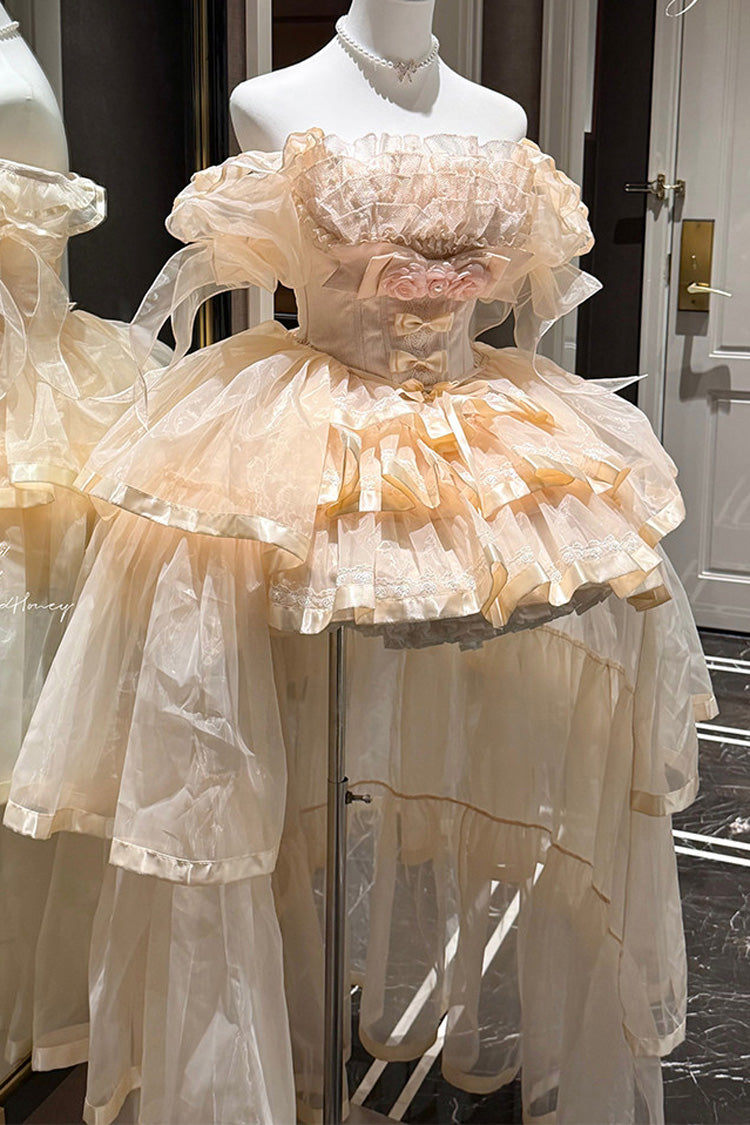 Pink [Mousse Love Song] Off Shoulder Sleeveless Triple-Layered Ruffled Hanayome Bow Sweet Elegant Ballet Lolita Short Dress Set - Product - 14