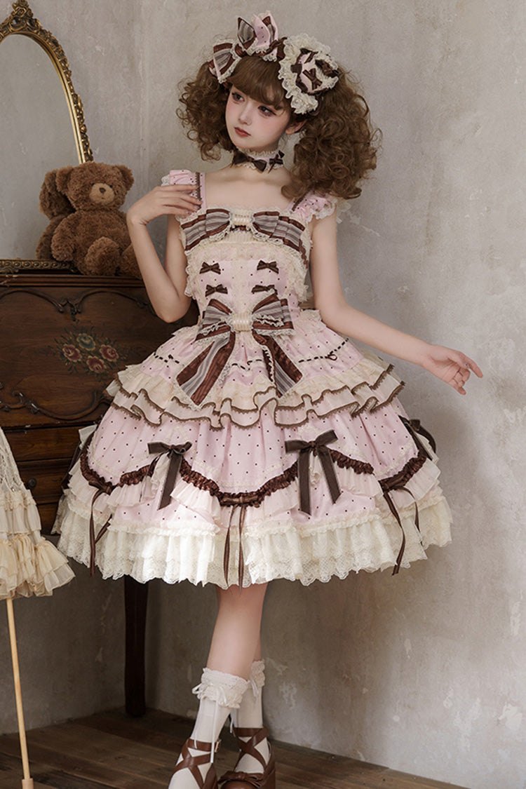 Pink [Shengqiao Tata] Sleeveless Print Ruffle Bowknot Lace-Up Sweet Elegant Lolita Jsk Dress - Product - 10