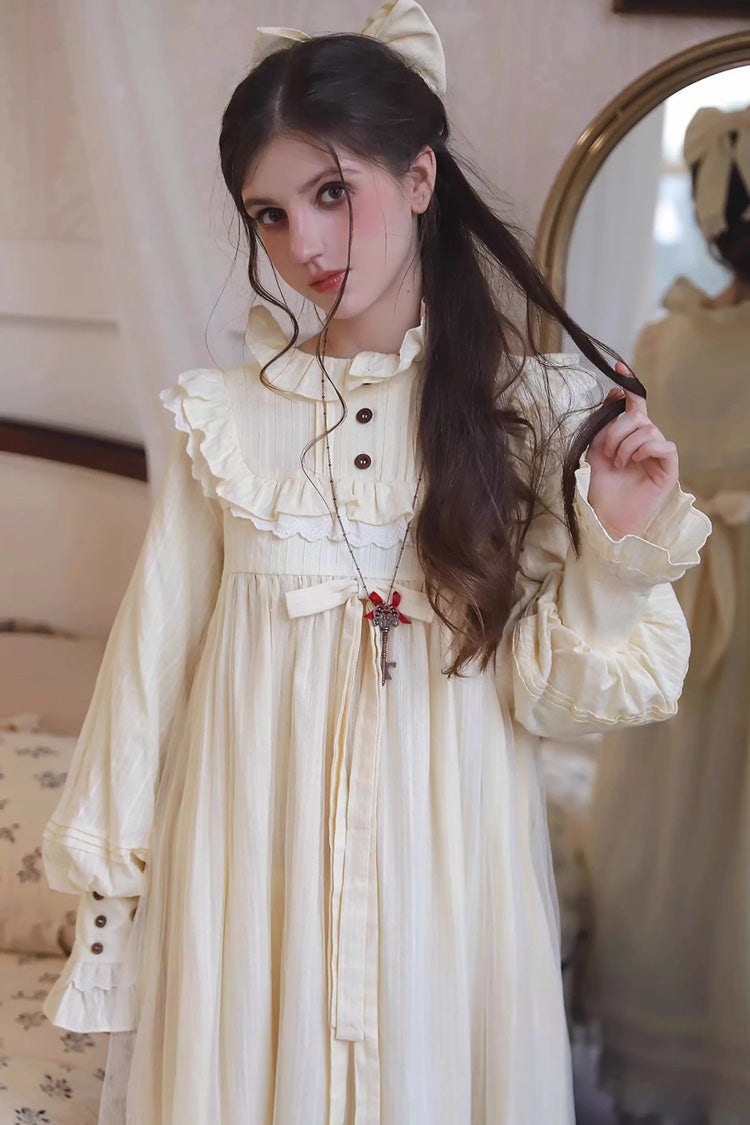 Ivory Long Sleeves Ruffle Bowknot Lace Sweet Lolita Home Wear Nightdress - Product - 2