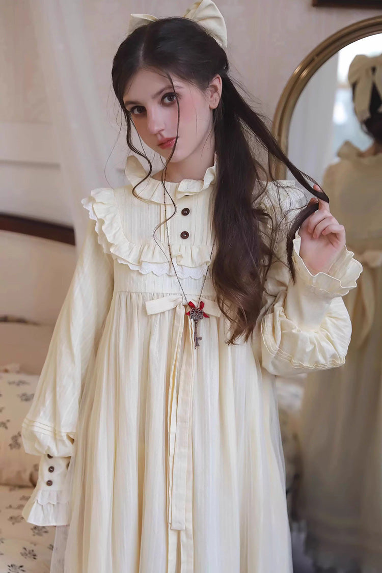 Ivory Long Sleeves Ruffle Bowknot Lace Sweet Lolita Home Wear Nightdress - Product - 2