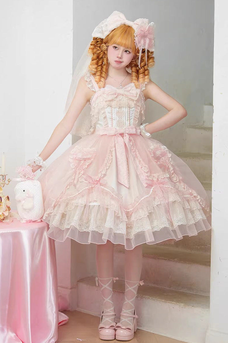 Pink [Candy Flavor] Square Collar Sleeveless Ruffled Bow Lace Sweet Gorgeous Lolita Jsk Dress - Product - 9