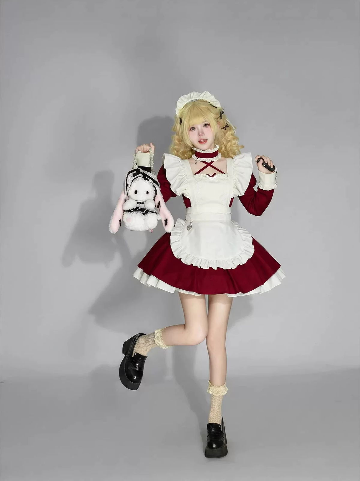 Red and Black Ruffled Maid Lolita Dress with Apron Bow Accent - view 2