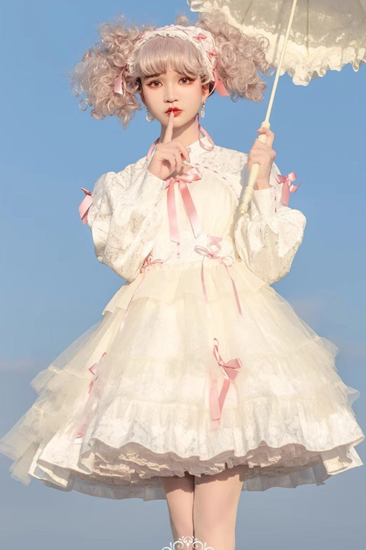 [Love Song] Long Sleeves Multi-Layered Jacquard Ruffle Bowknot Sweet Gothic Lolita Dress 3 Colors - Pink/White - 10