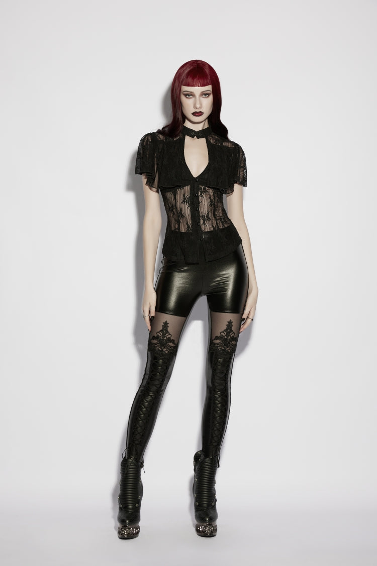 Black Short Sleeves Cut-Out Lace Lace-Up Slim Fit Women's Gothic Cool Cosplay Blouse - Product - 5