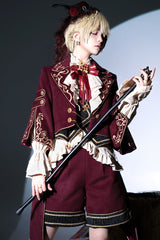 Red [Royal Heir] Embroidery Classic Military Gorgeous Handsome Ouji Lolita Coat Blouse Shorts Set - Product - 4