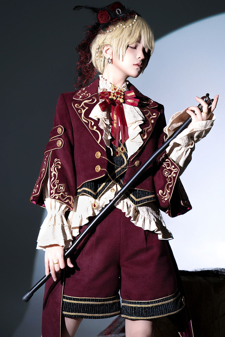 Red [Royal Heir] Embroidery Classic Military Gorgeous Handsome Ouji Lolita Coat Blouse Shorts Set - Product - 4