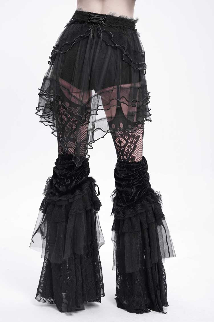 Black Ruffle Stitching Lace-Up Mesh Women's Gothic Shorts - Product - 4