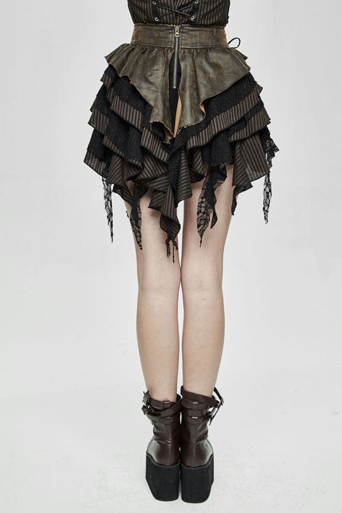 Black Punk Multi Layer Wavy Edges Striped Womens Half Skirt With Corset - Product - 5