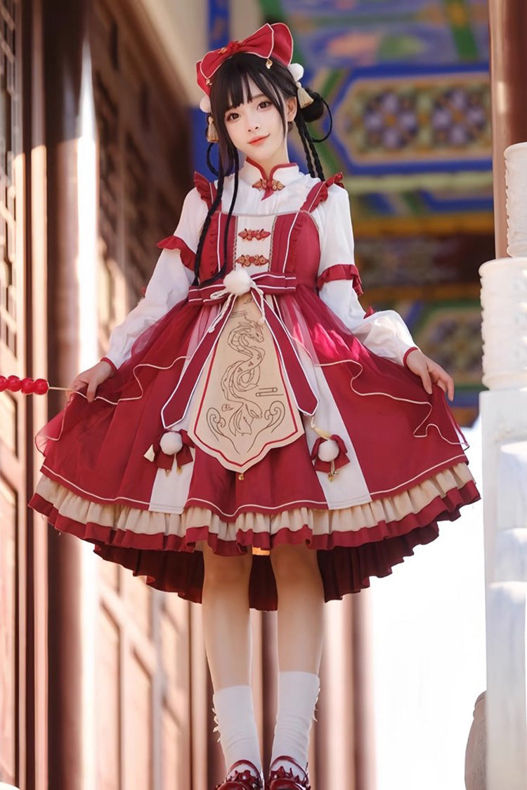 Red Double-Layered Dragon Print Bowknot Lace Sweet Lolita Jsk Dress - Product - 3