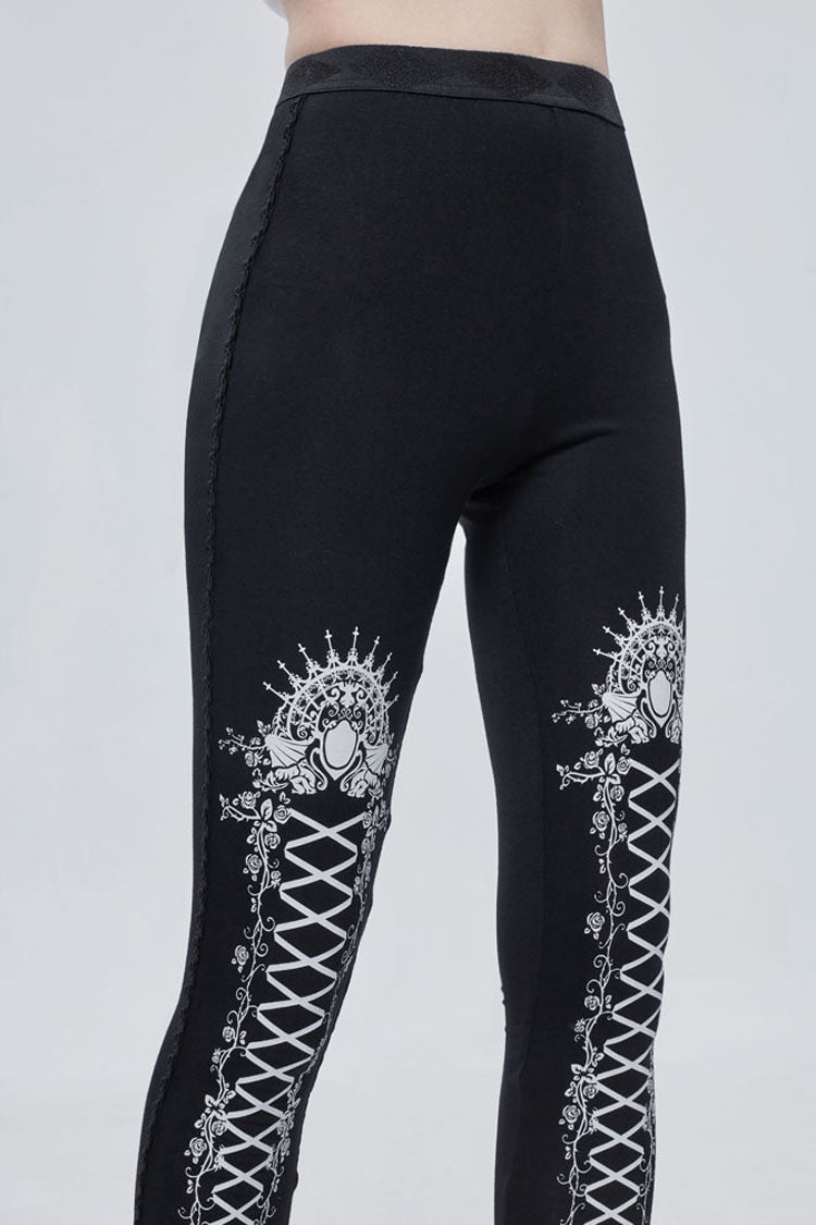 Black/White Gothic Printed Decoration Tie-Rope Elasticity Women's Leggings - Product - 12