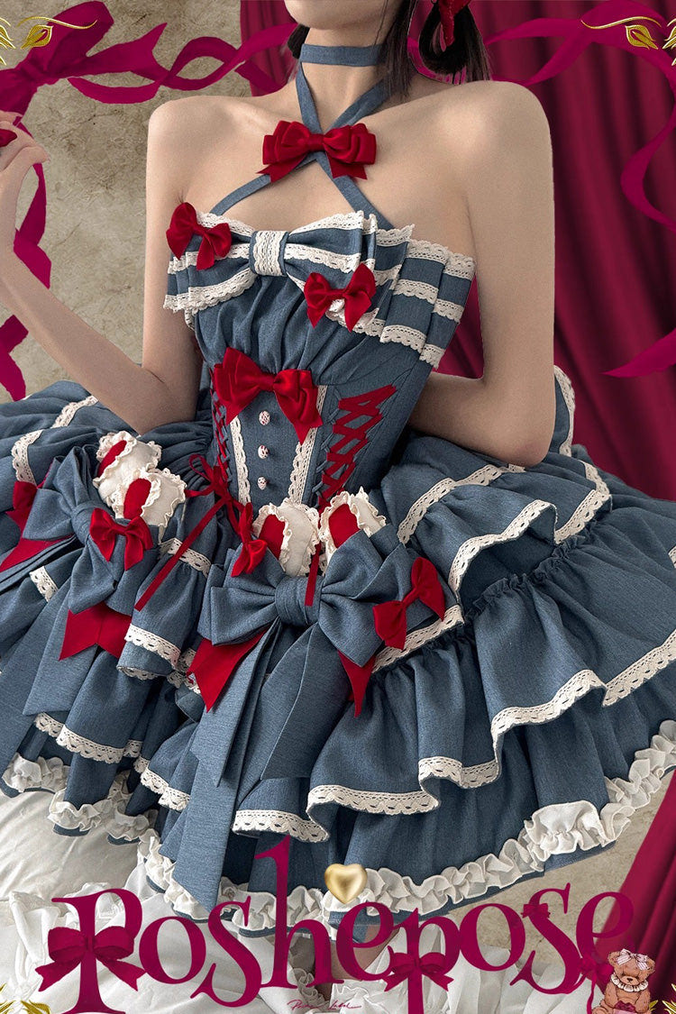 ブルー [Milk Rabbit Theater] ホルターネック ノースリーブ 三層 フリル リボン レースアップ スウィートロリータ ジャンパースカート（JSK） 商品画像