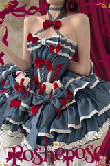 Blue [Milk Rabbit Theater] Halterneck Sleeveless Triple-Layered Ruffle Bowknot Lace-Up Sweet Lolita Jsk Dress - Product - 4