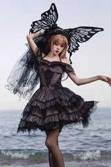 Black/Purple Silent Melody Ballet Style Halter Boat Neck Short Sleeves Gothic Lolita Dress - Product - 3