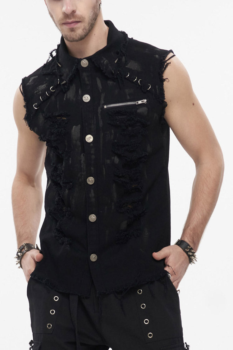 Black Punk Standing Collar Irregular Hand-Painted Sleeveless Metal Decoration Tattered Men's Shirt - Black - 1