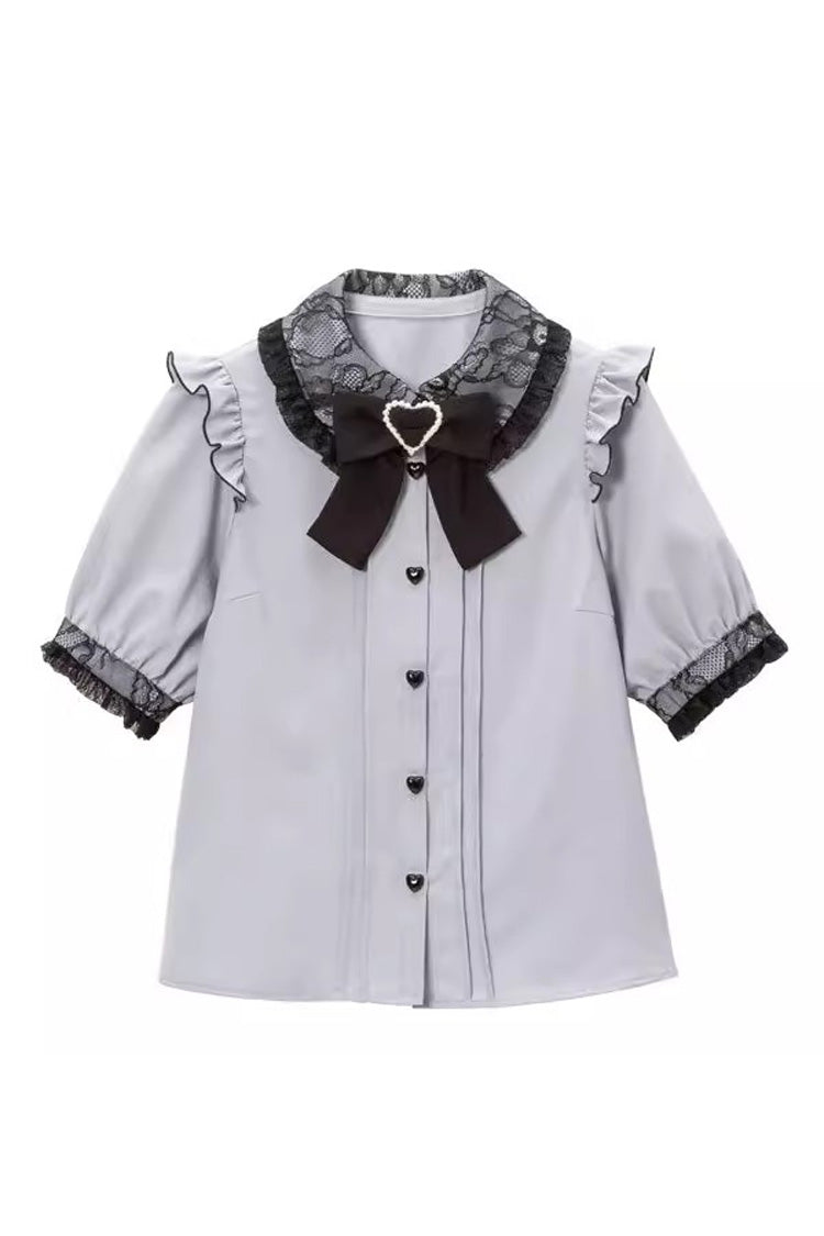 Doll Collar Short Sleeves Bowknot Sweet Jirai Kei Japanese Lolita Blouse 4 Colors - Light-Blue - 2