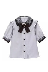 Doll Collar Short Sleeves Bowknot Sweet Jirai Kei Japanese Lolita Blouse 4 Colors - Light-Blue - 2