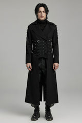 Black Lapel Collar Slim Studded Men's Punk Coat - Black - 1