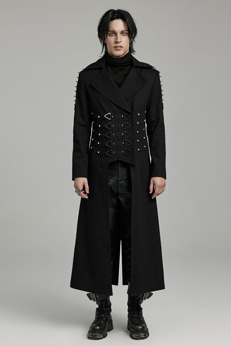 Black Lapel Collar Slim Studded Men's Punk Coat - Black - 1