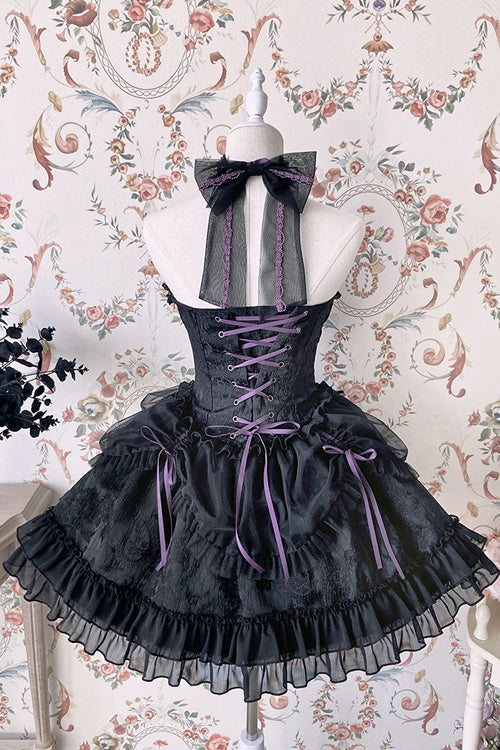 Black Purple Tube Top Sleeveless Blowknot Ruffled Gothic Lolita Tiered Dress - Product - 10