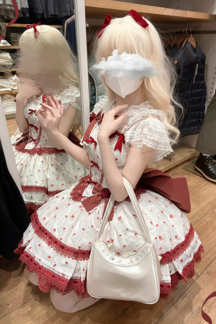 Wine Red [First Love Rose] Multi-Layered Print Ruffle Bowknot Lace Sweet Lolita Jsk Dress Set - Product - 10