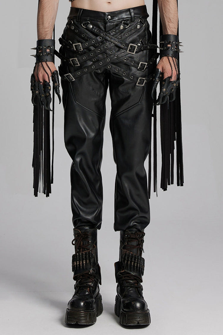 Black Mesh Buckle Strap Men's Punk Pants - Black - 1