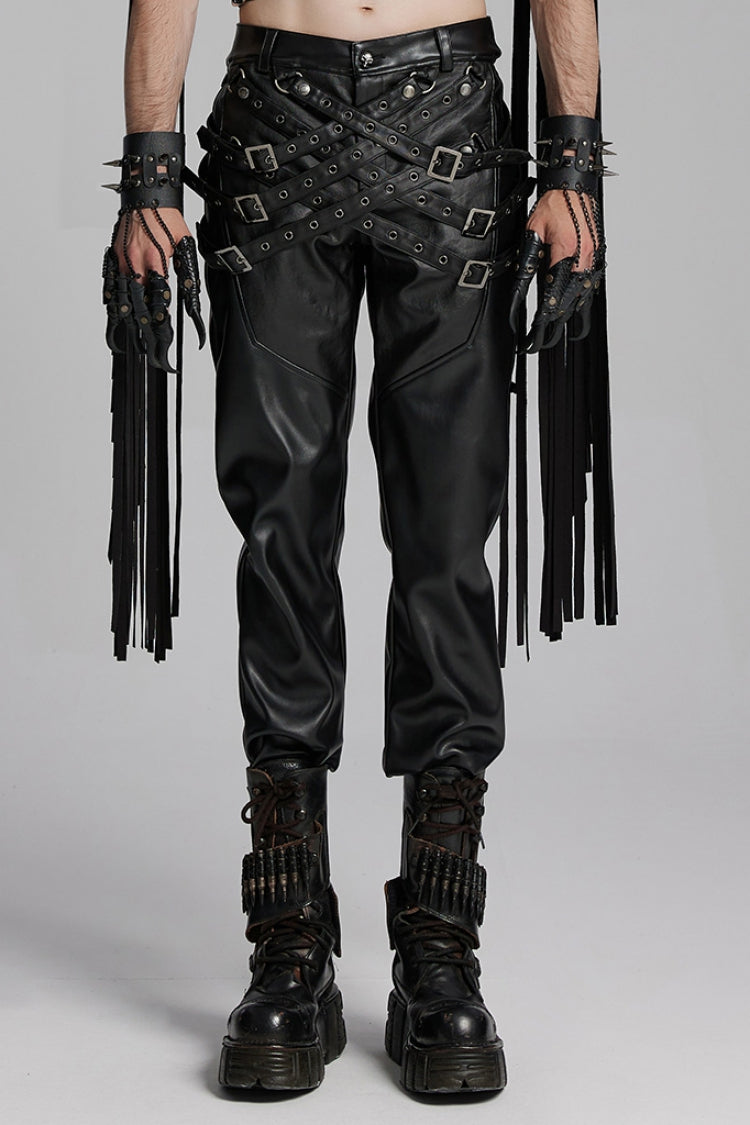 Black Mesh Buckle Strap Men's Punk Pants - Black - 1