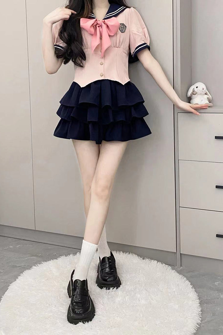 Short Sleeves Multi-layer Ruffle Bowknot Sweet College Style Japanese School Skirt Set 4 Colors - Product - 4