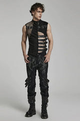 Black Sleeveless Hollow Suede Leather Stitching Irregular Mens Gothic Vest - Product - 4
