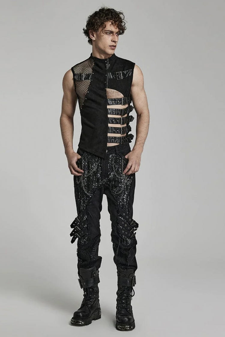 Black Sleeveless Hollow Suede Leather Stitching Irregular Mens Gothic Vest - Product - 4