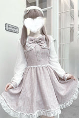 Grey/Pink Long Sleeves Bowknot Lace Pearl Sweet Jirai Kei Dress - Grey/Pink - 1