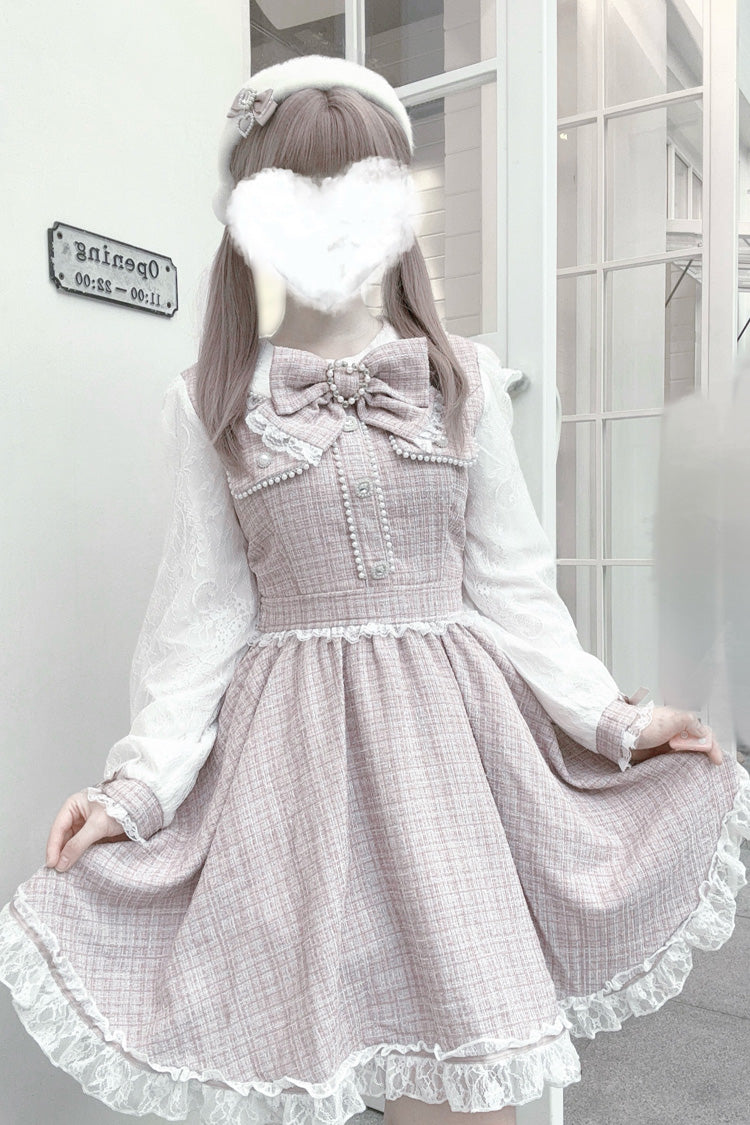 Grey/Pink Long Sleeves Bowknot Lace Pearl Sweet Jirai Kei Dress - Grey/Pink - 1