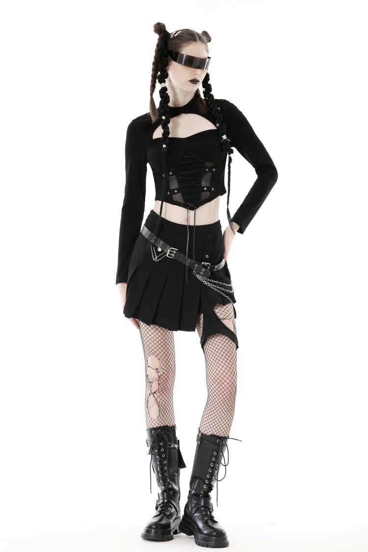 Black Long Sleeves Cut-Out Spliced Mesh Zippered Strappy Eyelet Women's Punk Crop Top - Product - 9