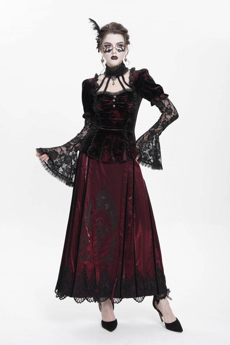 Red  Long Trumpet Sleeves Lace Mesh Faux Two-Piece Pleated Eyelet Women's Gothic Palace Velvet Blouse - Product - 7