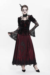 Red  Long Trumpet Sleeves Lace Mesh Faux Two-Piece Pleated Eyelet Women's Gothic Palace Velvet Blouse - Product - 7