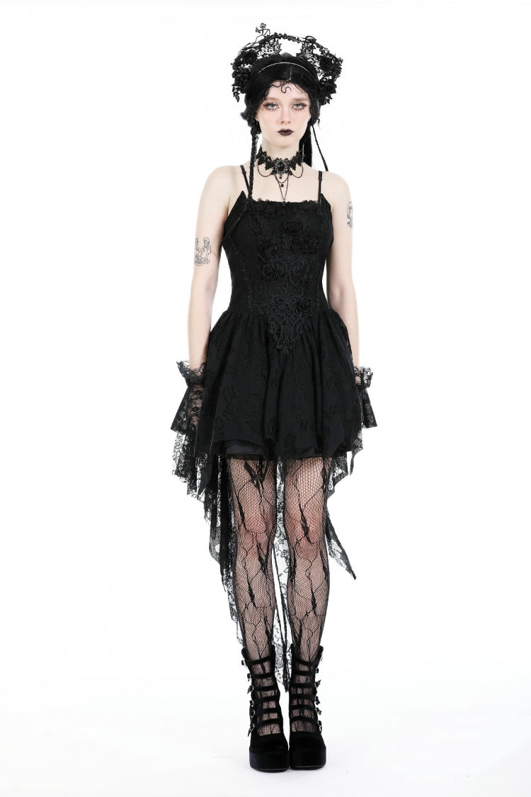 Black Sleeveless Rose Lace Lace-Up Women's Gothic High Low Dovetail Slip Wedding Dress - Black - 1
