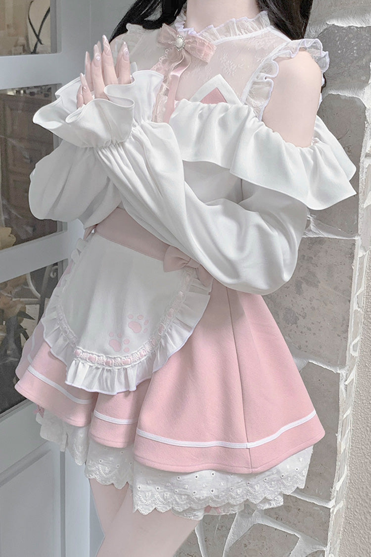 White/Pink Off Shoulder Long Sleeves Ruffle Bowknot Lace Sweet Jirai Kei Skirt - Product - 2