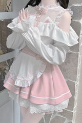 White/Pink Off Shoulder Long Sleeves Ruffle Bowknot Lace Sweet Jirai Kei Skirt - Product - 2