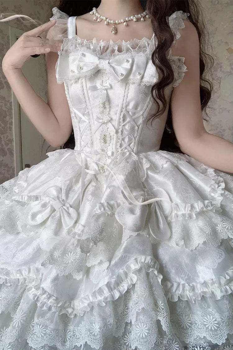 White [Realm of Sea Moon] Square Collar Sleeveless Multi-Layered Jacquard Ruffled Bow Lace Lace-Up Sweet Lolita Jsk Dress - Product - 4