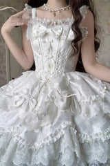 White [Realm of Sea Moon] Square Collar Sleeveless Multi-Layered Jacquard Ruffled Bow Lace Lace-Up Sweet Lolita Jsk Dress - Product - 4
