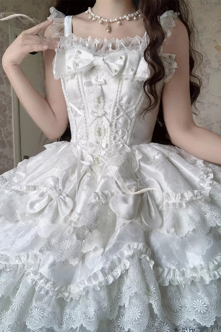 White [Realm of Sea Moon] Square Collar Sleeveless Multi-Layered Jacquard Ruffled Bow Lace Lace-Up Sweet Lolita Jsk Dress - Product - 4