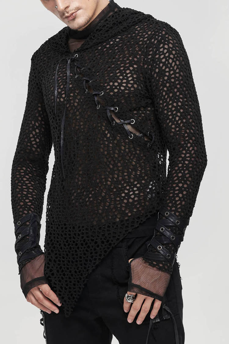 Black Punk Long Sleeve Elasticity Big Hole Mesh Drawstring Design Irregular Hooded Men's Shirt - Black - 1
