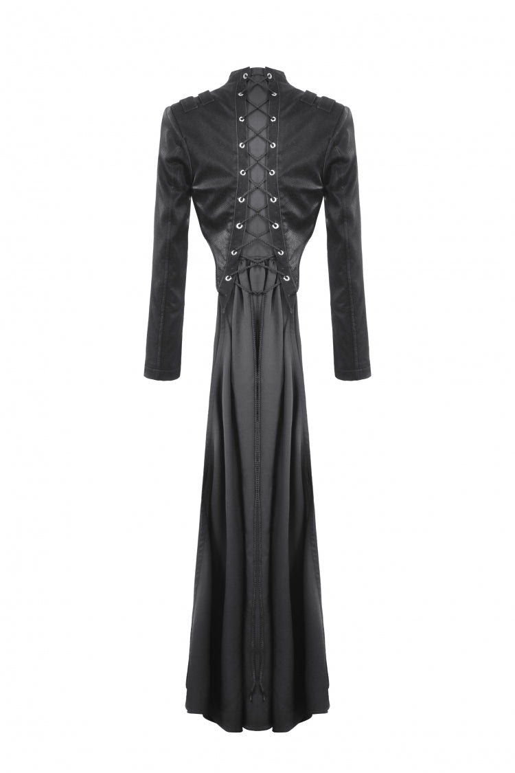 Black Long Sleeves Spliced Lace-Up Women's Gothic High Low Faux Leather Long Tail Jacket - Product - 12