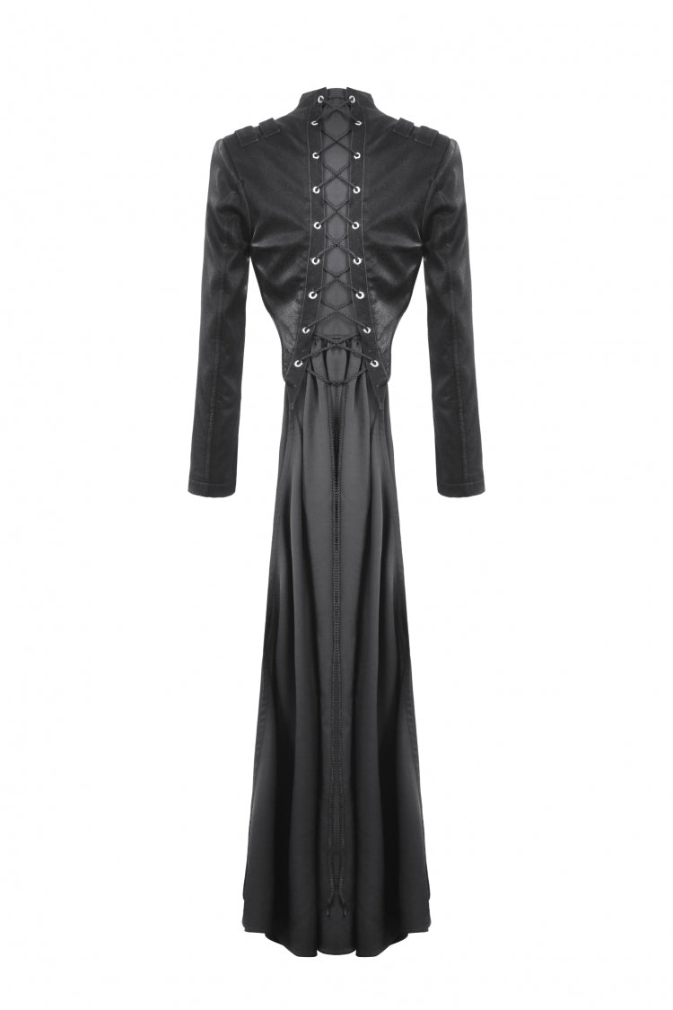 Black Long Sleeves Spliced Lace-Up Women's Gothic High Low Faux Leather Long Tail Jacket - Product - 12