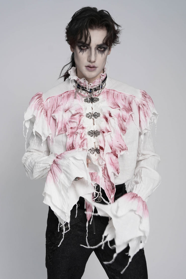 White High Collar Long Trumpet Sleeves Color-Blocked Pleated Men's Gothic Shirt - White - 1